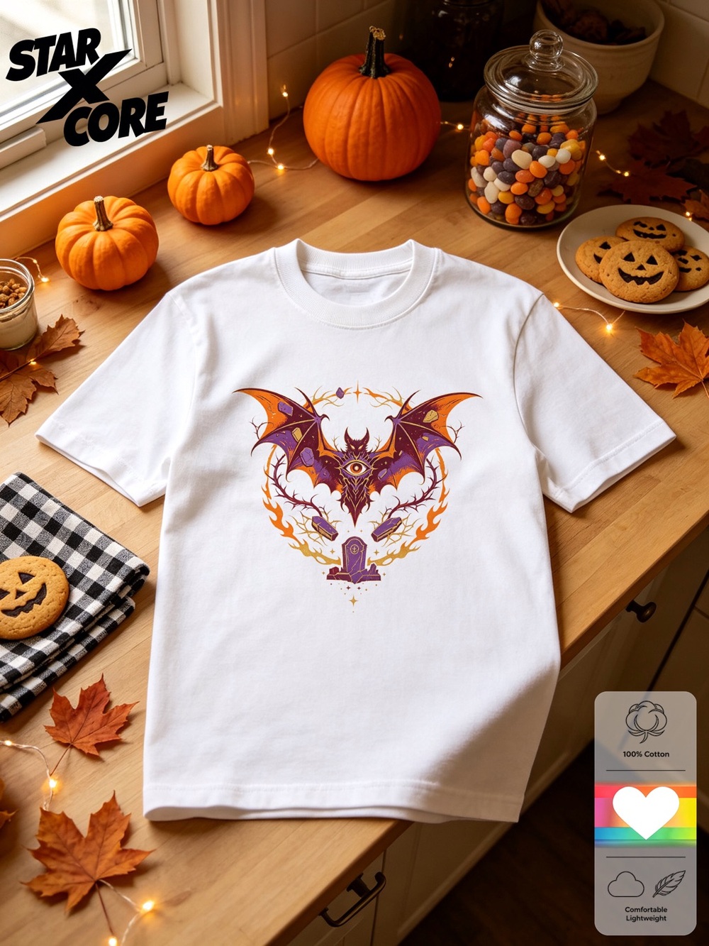 Halloween Bat Graphic Tee - White